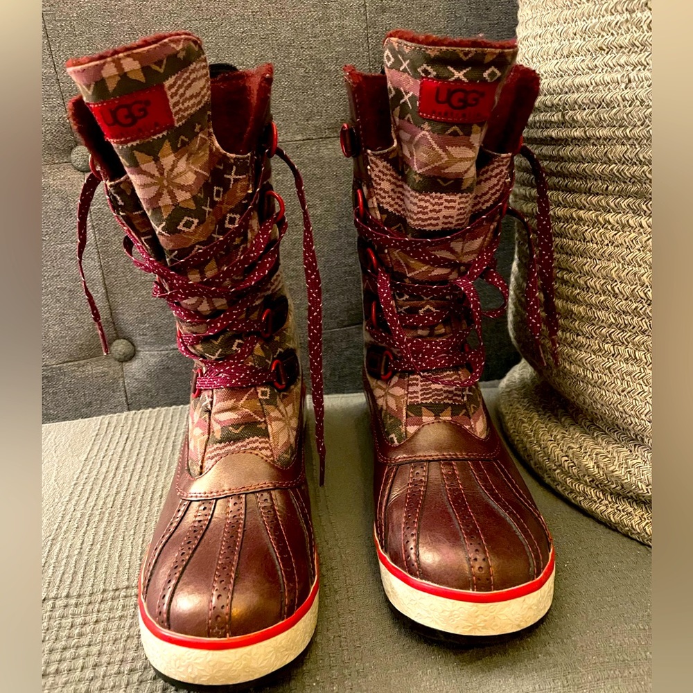 UGG Baroness Women's Fair Isle Red Lace Up Duck Boots-Lined